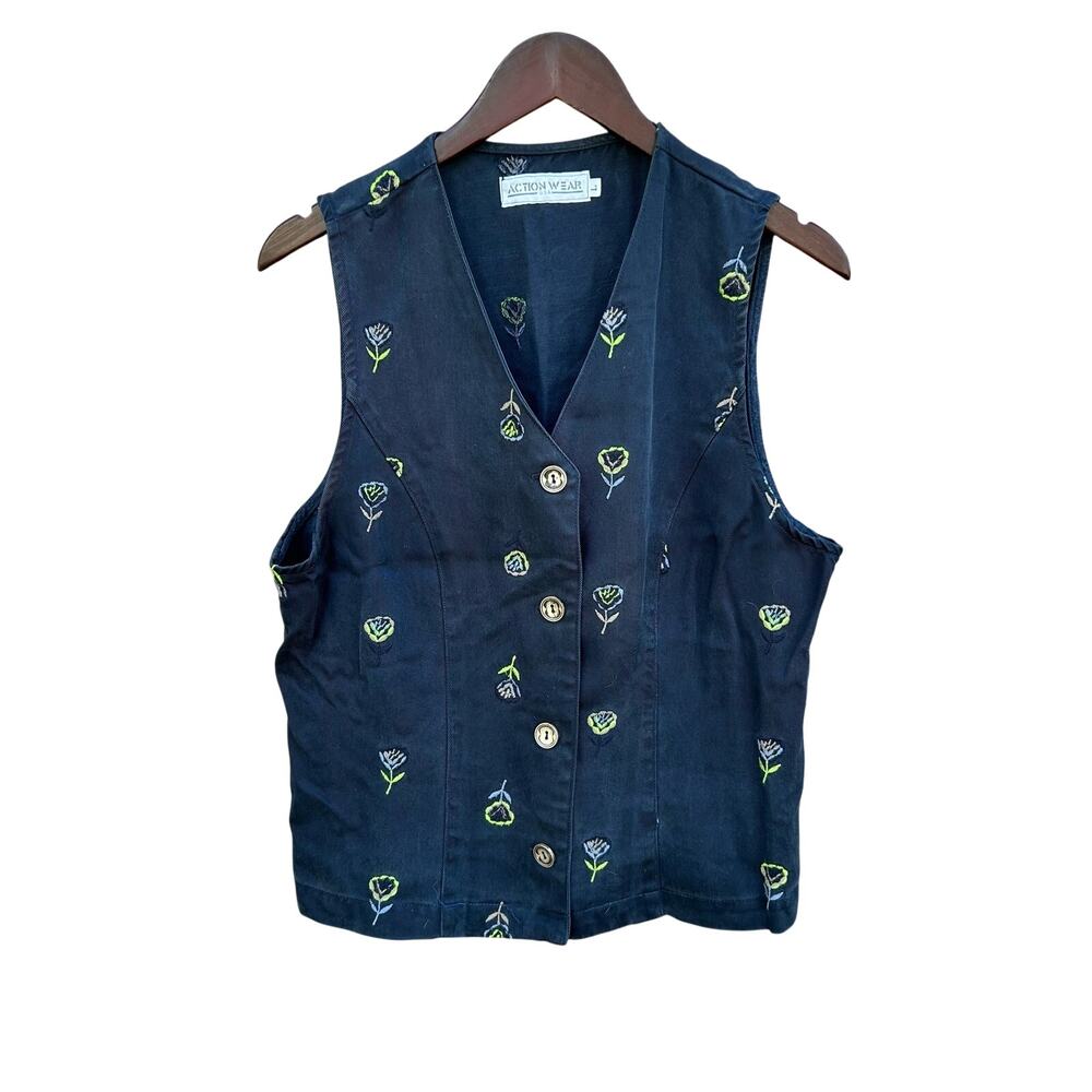 Vintage Embroidered Floral Navy Vest Size L